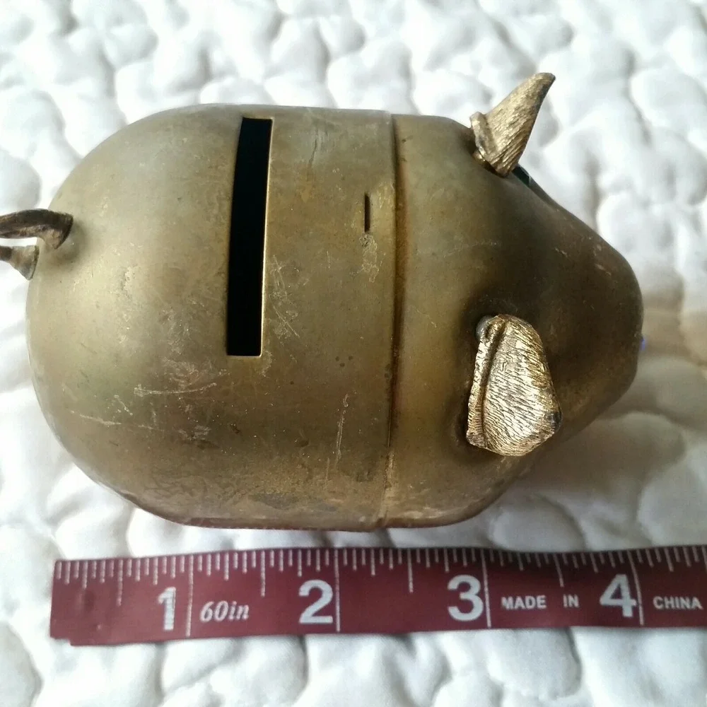 Vintage Brass Pig Shaped Piggy Coin Bank W/Jeweled Eyes Nostrils Curly Tail